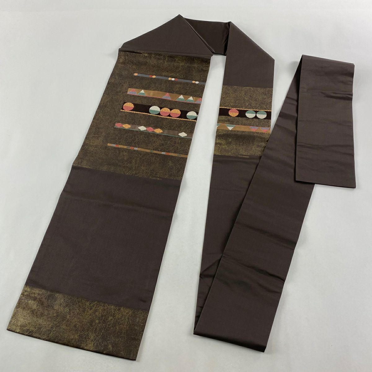 【美品】 名古屋帶 秀品級 圓文 條紋 金金箔 茶紫 純蠶絲