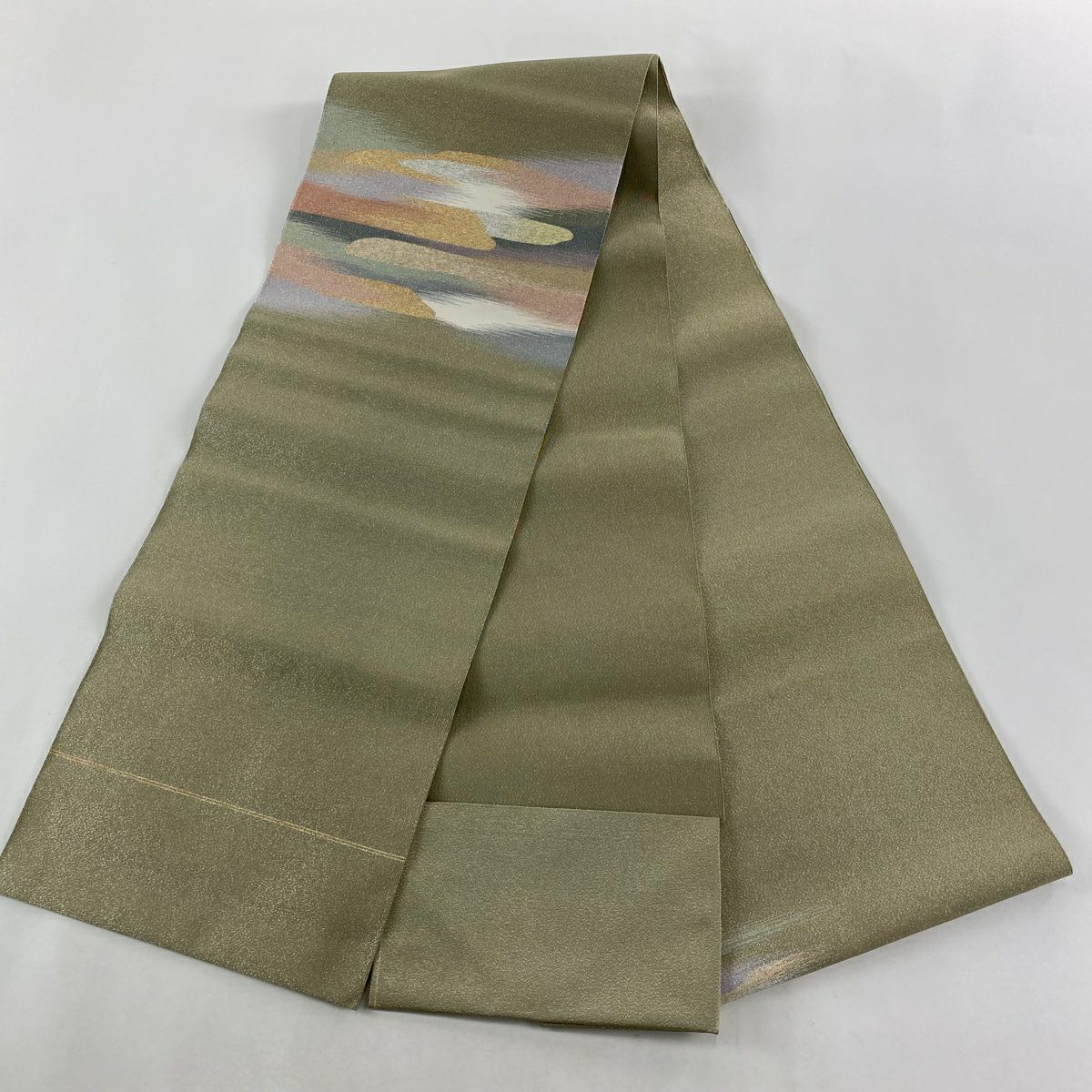 【美品】 名古屋帶 秀品級 八寸名古屋帶 松樹葉仕立 抹茶 金銀彩 純蠶絲
