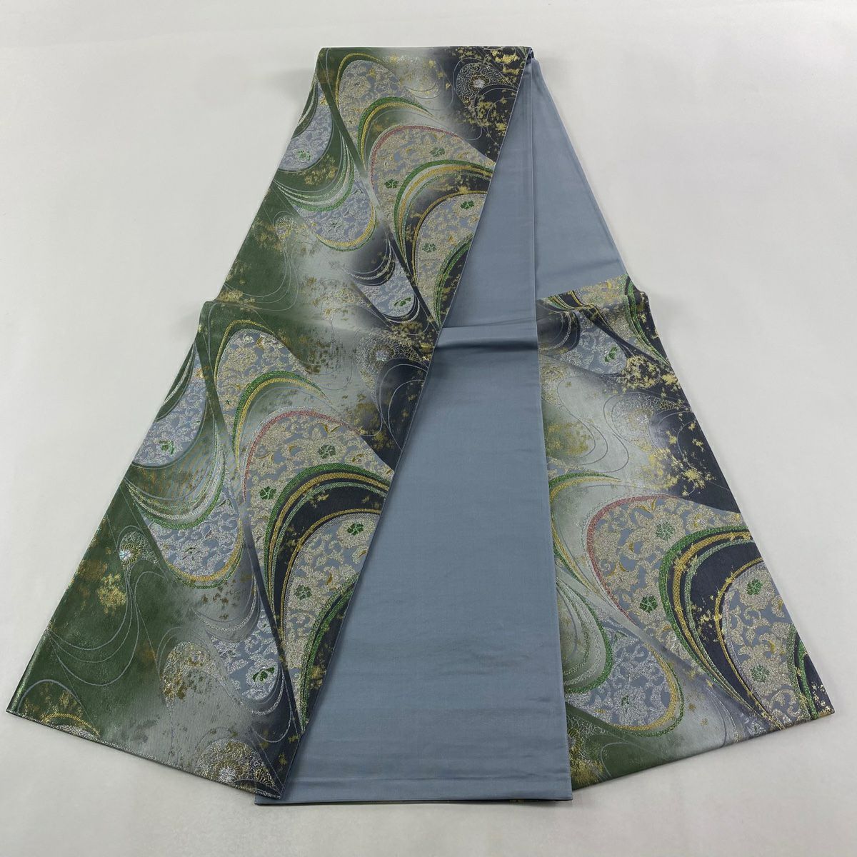【美品】 袋帶 秀品級 花唐草紋 流水 金銀彩 金金箔 灰綠 六通 純蠶絲
