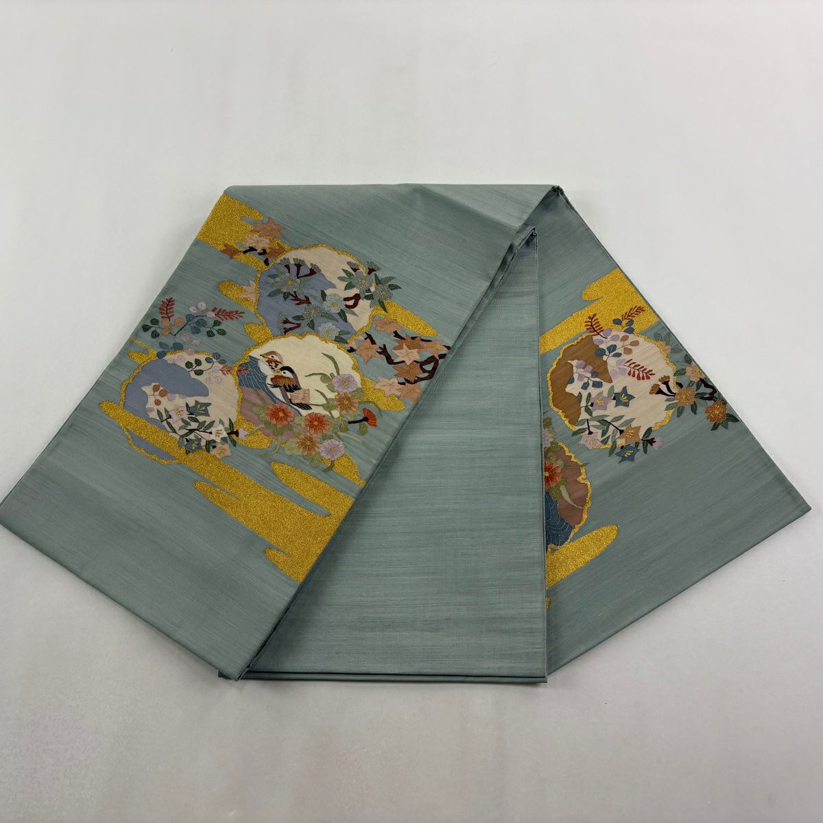 【美品】 袋帶 逸品級 雪輪 鴛鴦 金絲 綴織 淺綠 お太鼓圖案 純蠶絲