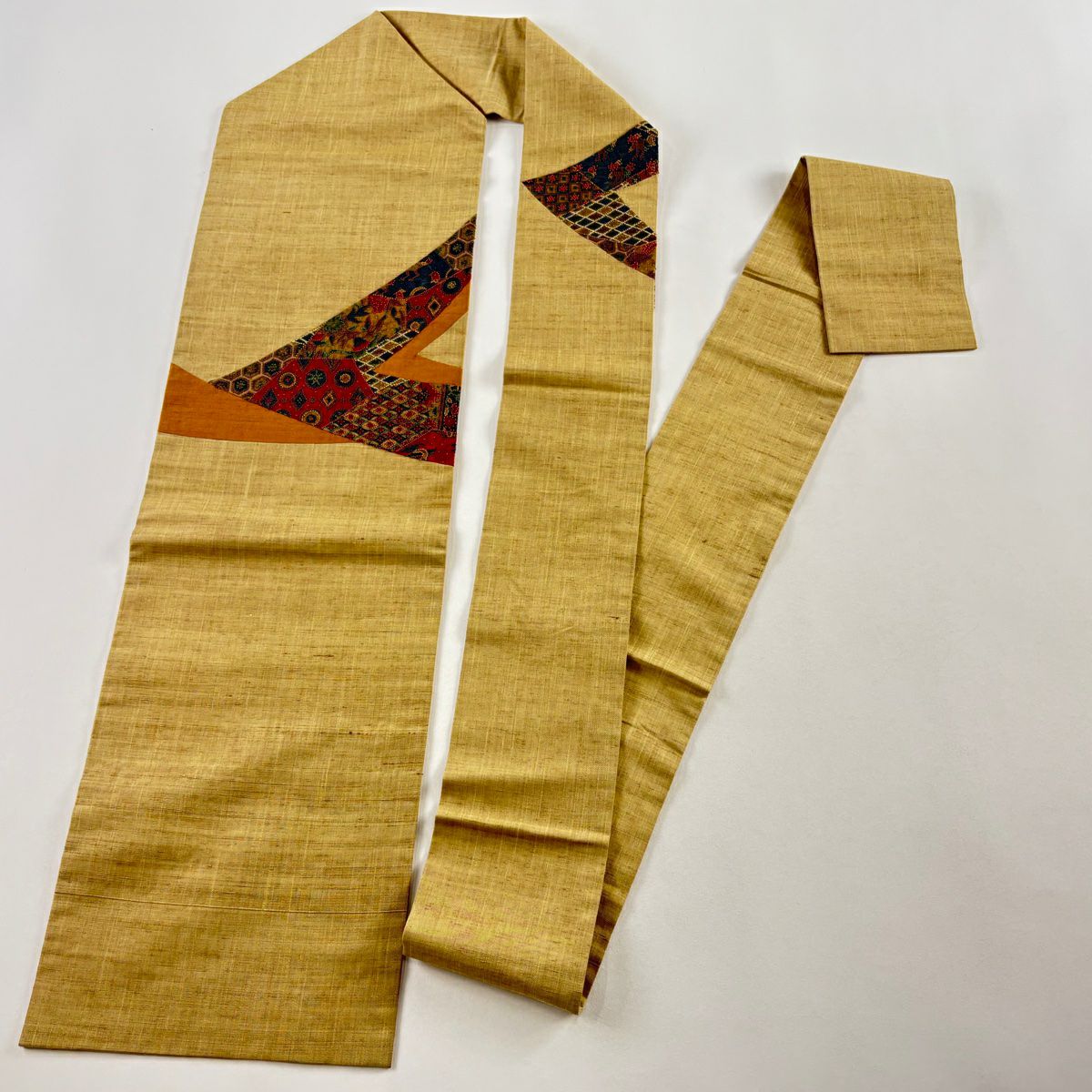 【美品】名古屋帶 優品級 紬織織 幾何圖案 刺繡 淺土色 純蠶絲
