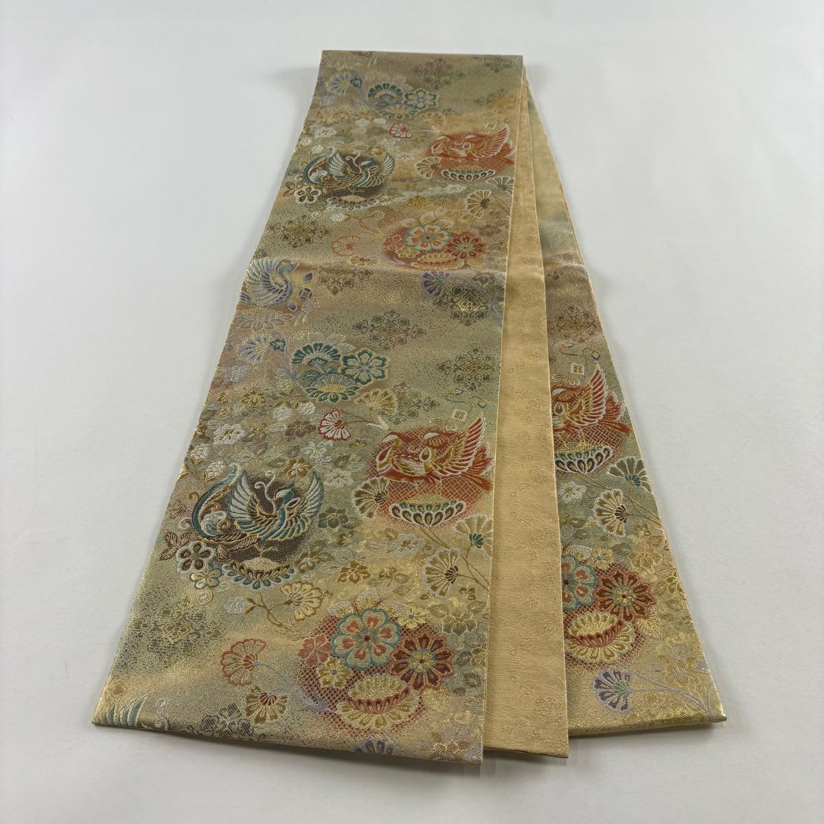 【美品】 袋帶 秀品級 證書齊全 鳳凰 花唐草紋 金銀線 金金箔 金色 六通 純蠶絲