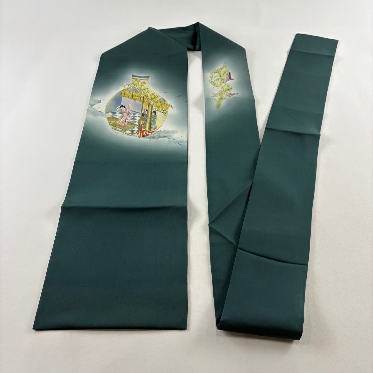 名古屋帶 秀品級 器物 人物 漸層 深綠 純蠶絲