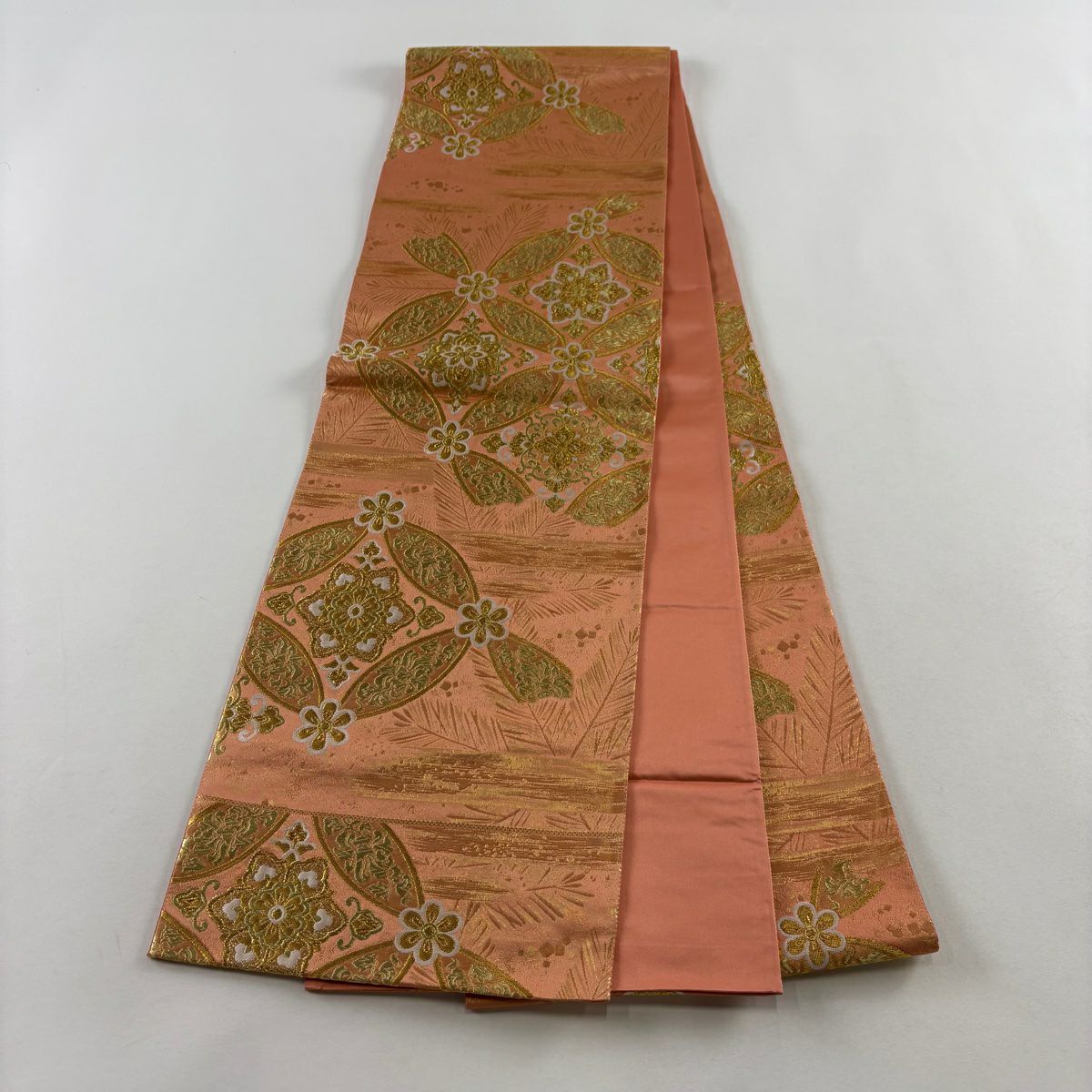 【美品】 袋帶 秀品級 七寶紋 華紋 金絲 金金箔 鮭粉色 六通 純蠶絲