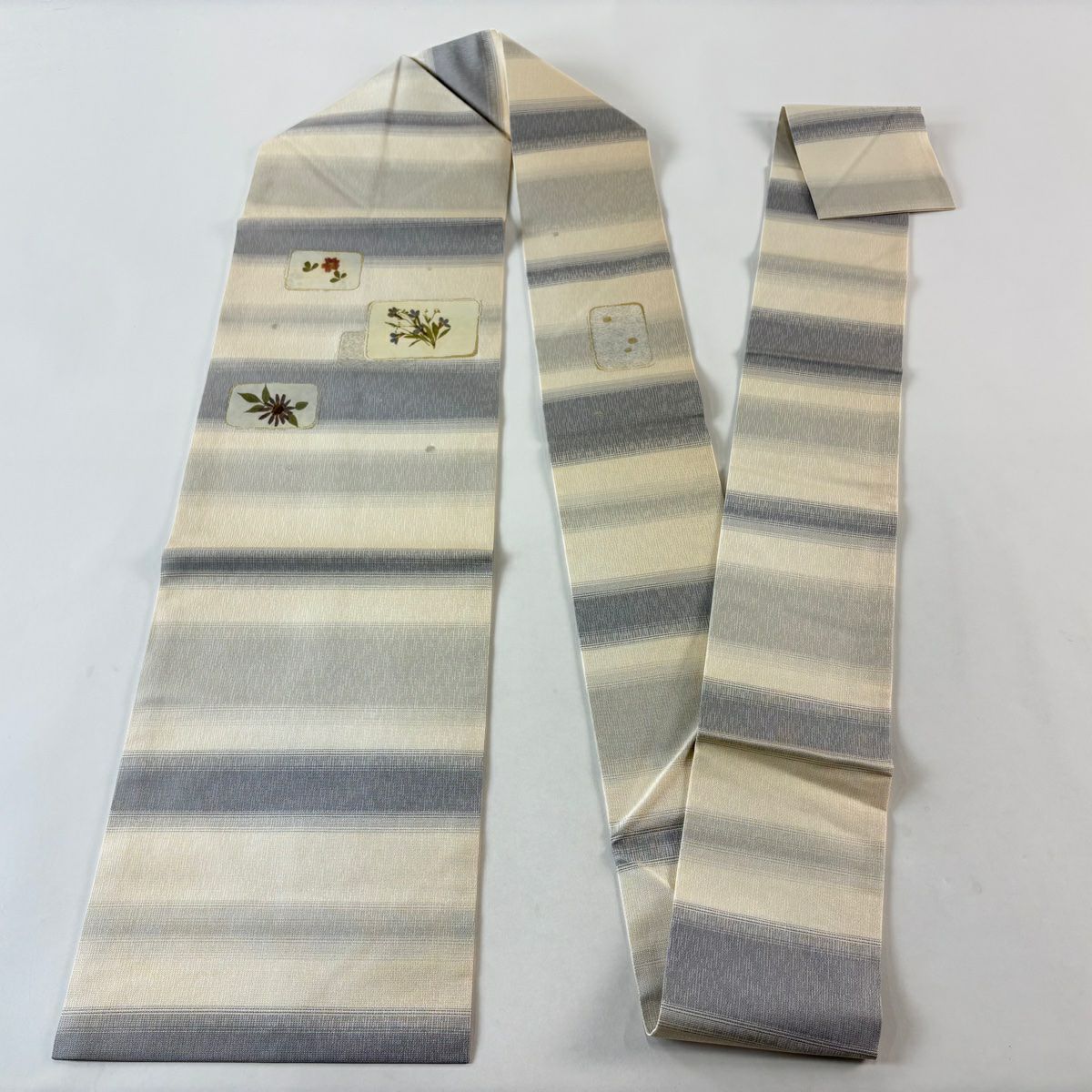 名古屋帶 優品級 草花紋紋 條紋 金金箔 奶油色 純蠶絲