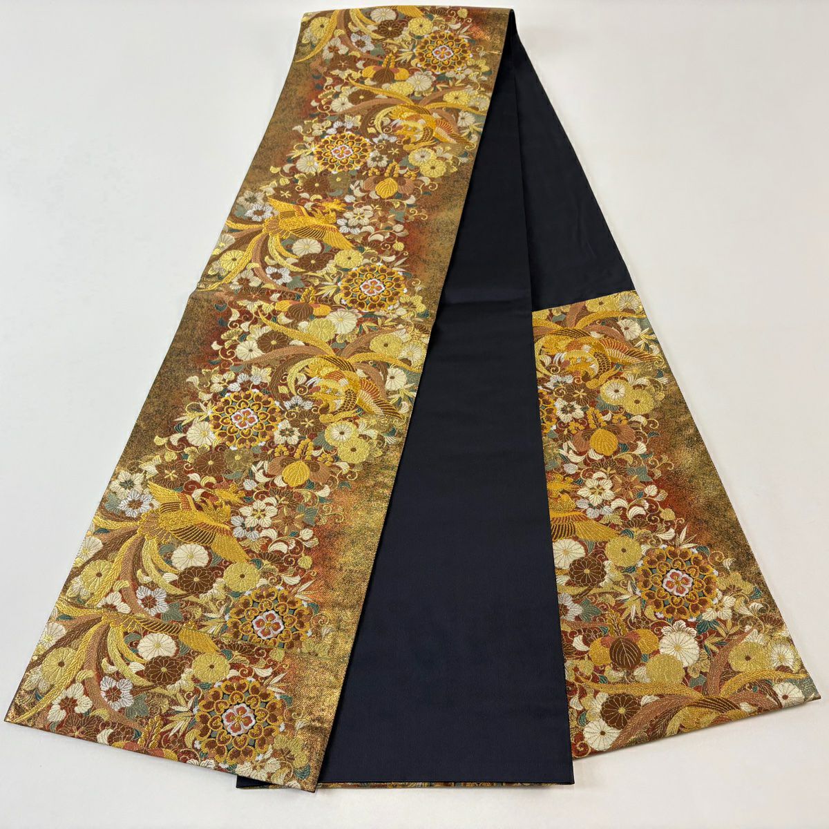 【美品】 袋帶 秀品級 花鳥 華紋 金金箔 金茶 六通 純蠶絲