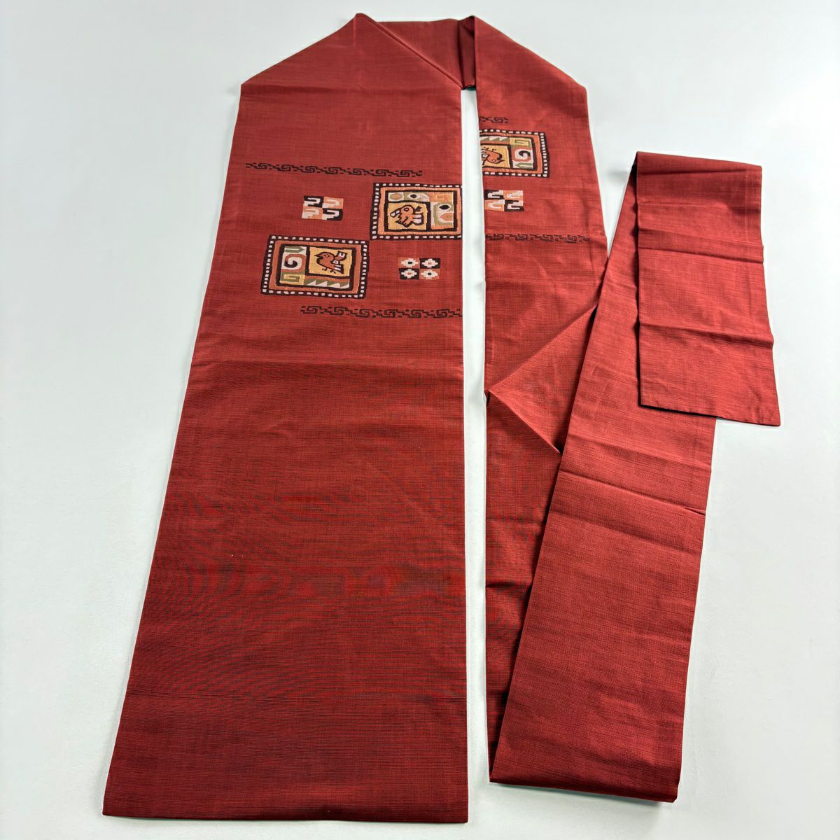 【美品】名古屋帶 優品級 鳥 幾何圖案 金金箔 茜 純蠶絲