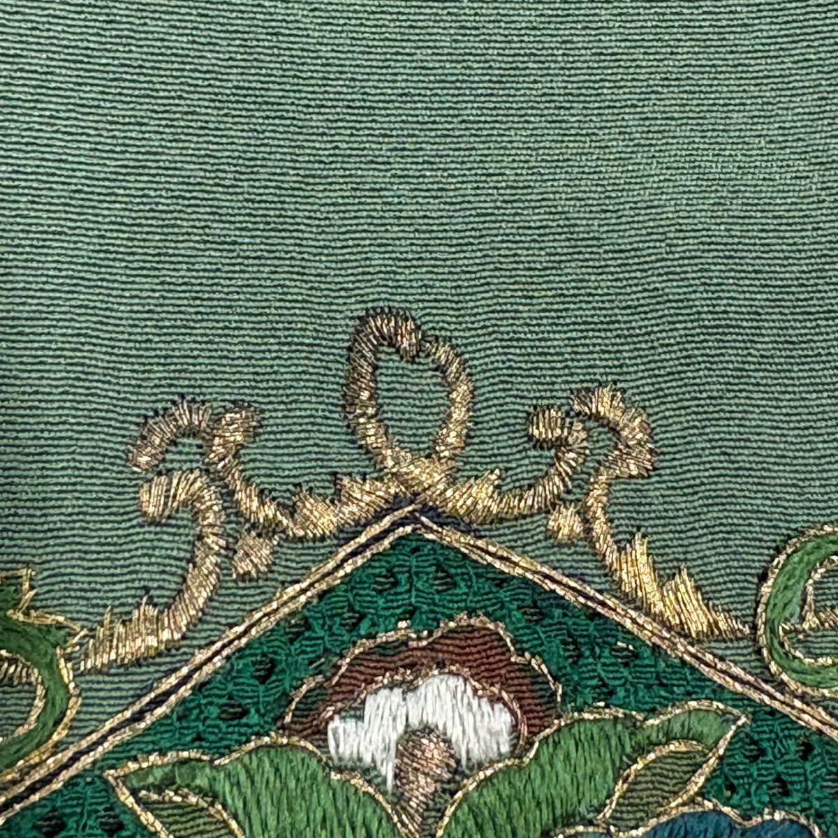 訪問服 身長171cm 袖長65cm M 雙層 菱 草花紋紋 金糸刺繡 薄綠 純蠶絲 名品級
