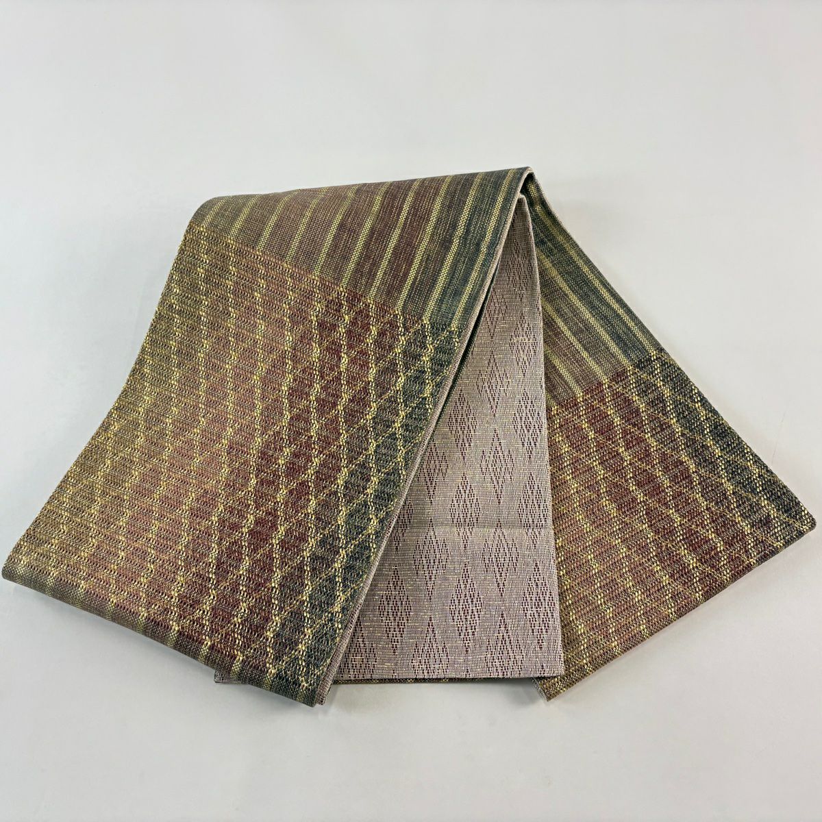 【美品】 袋帶 名品級 菱形 縞紋 金絲 小豆色 大鼓圖案 純蠶絲