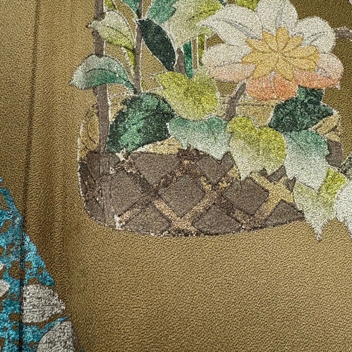 訪問服 身長157.5cm 袖長62.5cm S 雙層 花籠 芝 金銀彩 螺鈿 茶綠 純蠶絲 秀品級