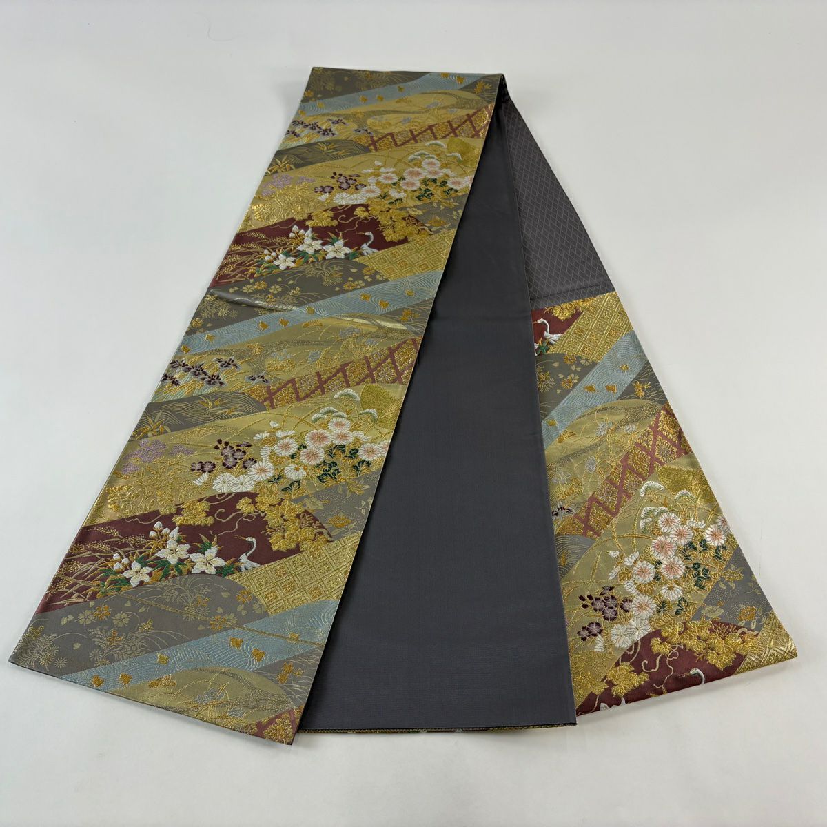 【美品】 袋帶 秀品級 遠山菊花仙鶴紋 秋草 刺繡 金絲 金色 六通 純蠶絲
