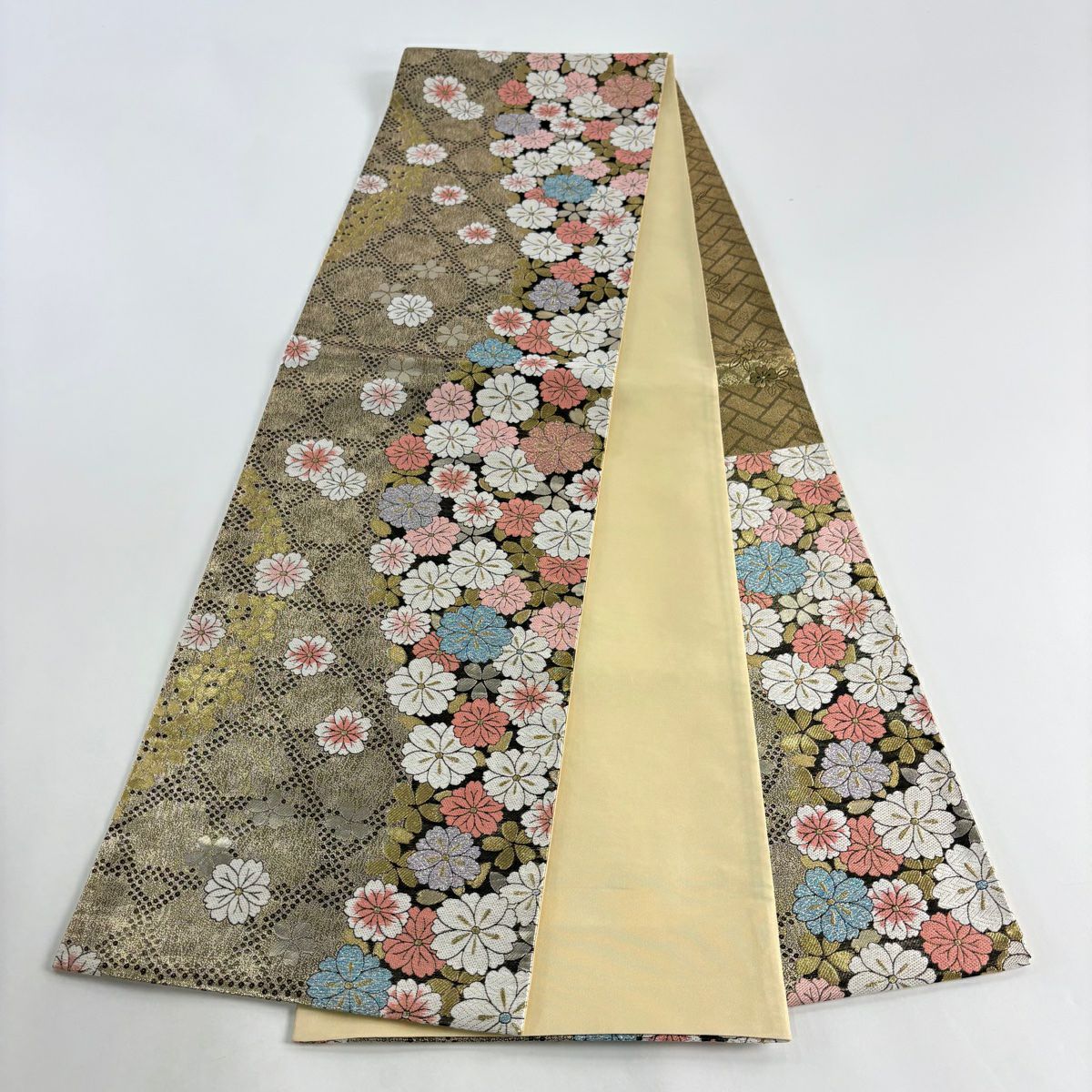 【美品】 袋帶 秀品級 櫻花 金絲 金金箔 金茶 六通 純蠶絲