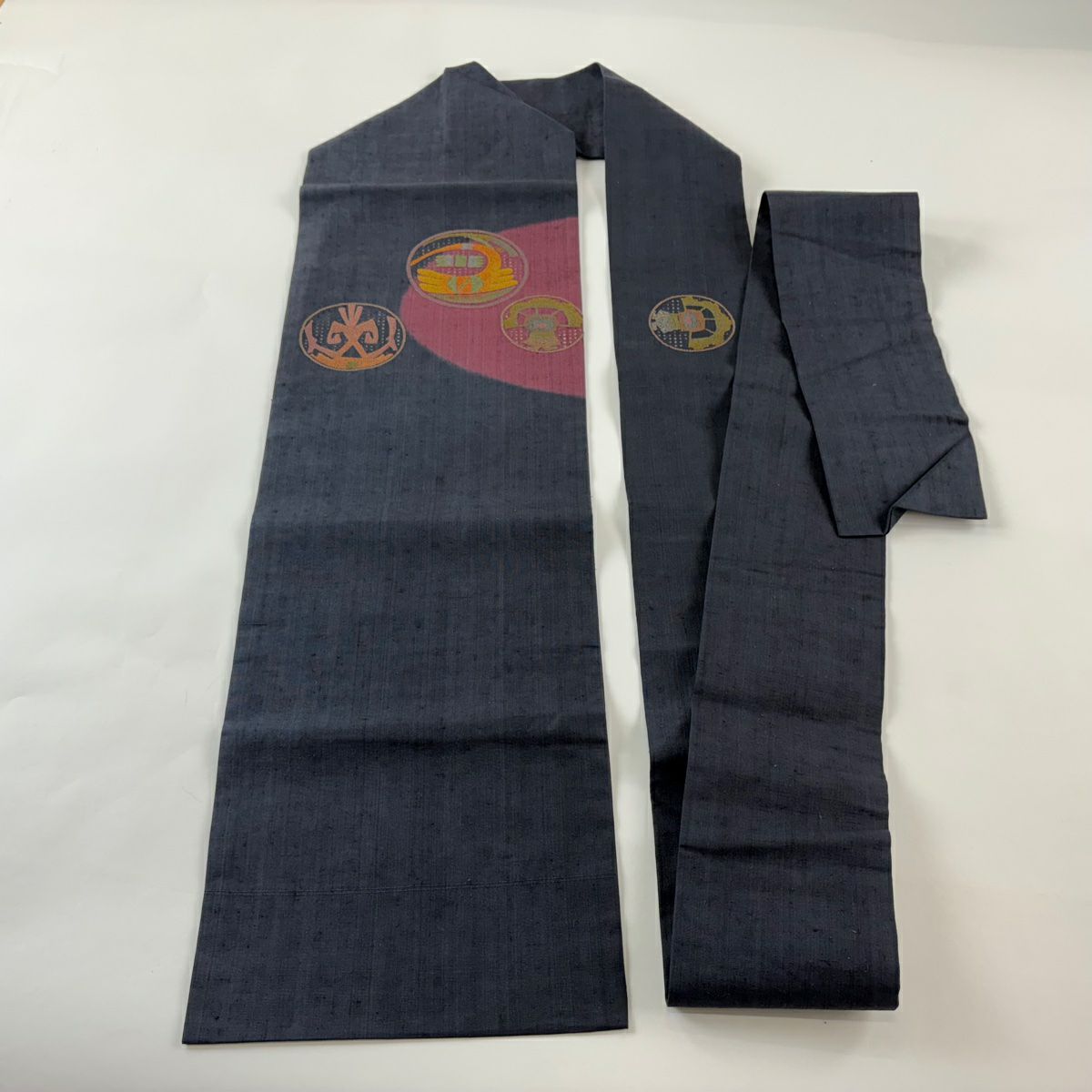名古屋帶 秀品級 紬織織 圓文 幾何刺繡 深藍 純蠶絲
