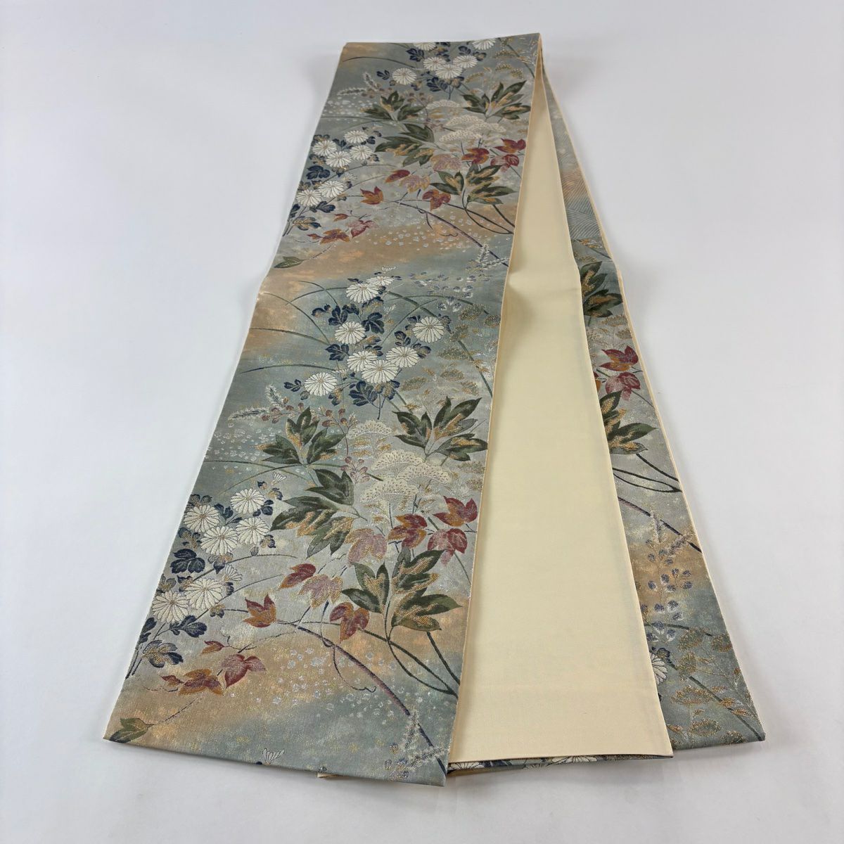 【美品】 袋帶 秀品級 琳派佳撰集 優粋 菊花 女郎花 金糸 金金箔 灰綠 六通 純蠶絲