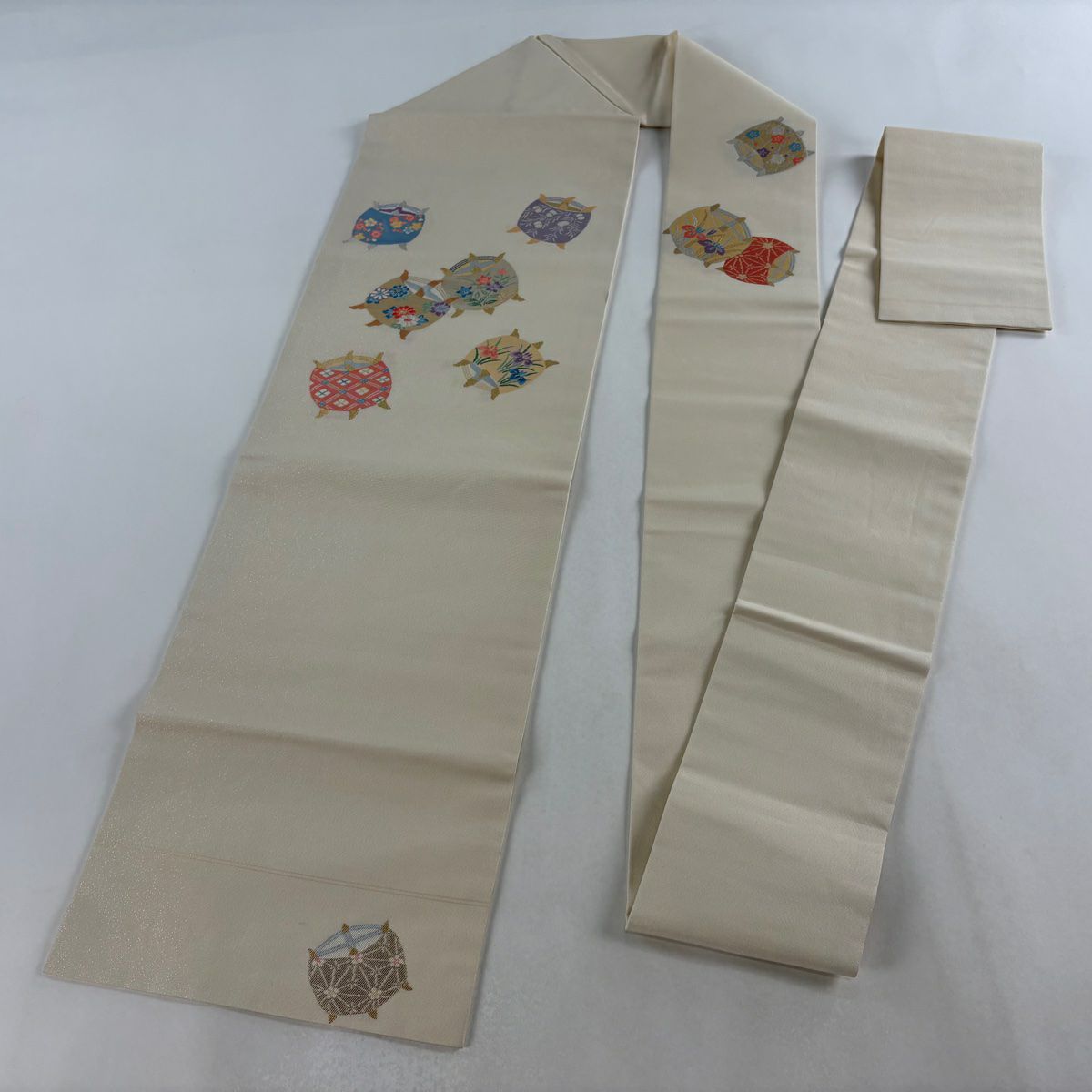 名古屋帶 秀品級 線捲 草花紋 金銀彩 金金箔 米色 純蠶絲