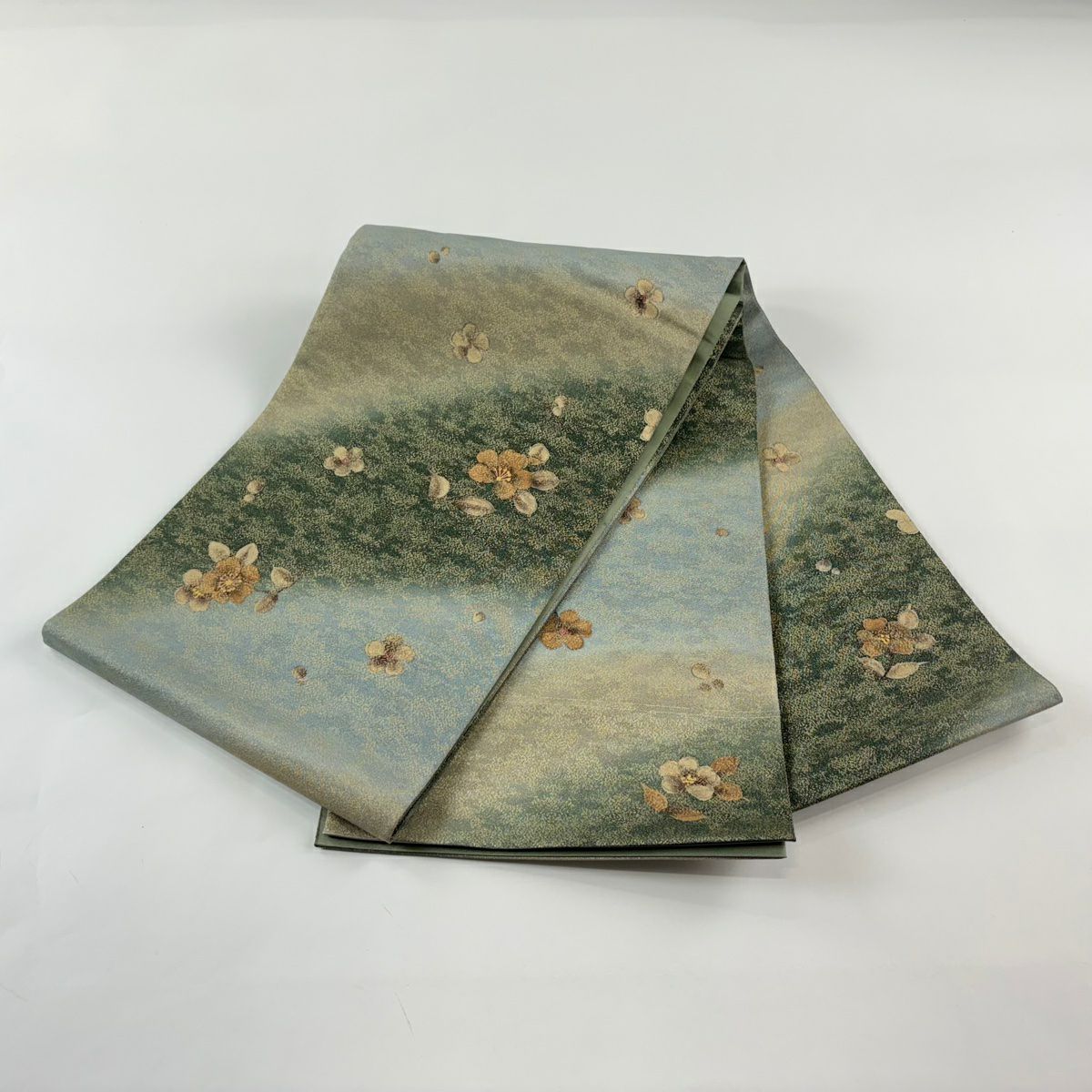 【美品】 袋帶 秀品級 草花紋 金糸 茶綠 深藍色 お太鼓柄 純蠶絲