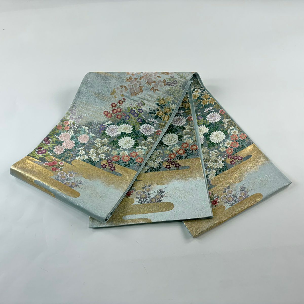 【美品】 袋帶 秀品級 重陽花水 水色 大鼓圖案 純蠶絲
