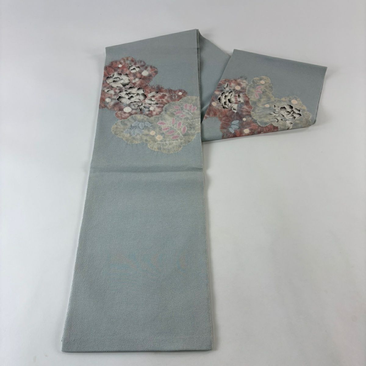 開口名古屋帶 優品級 草花紋紋 雲文 漸層 深藍灰 純蠶絲