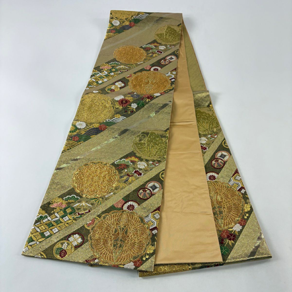 【美品】 袋帶 秀品級 大和 松樹竹子梅花 向鳥 唐織 金金箔 金色 六通 純蠶絲