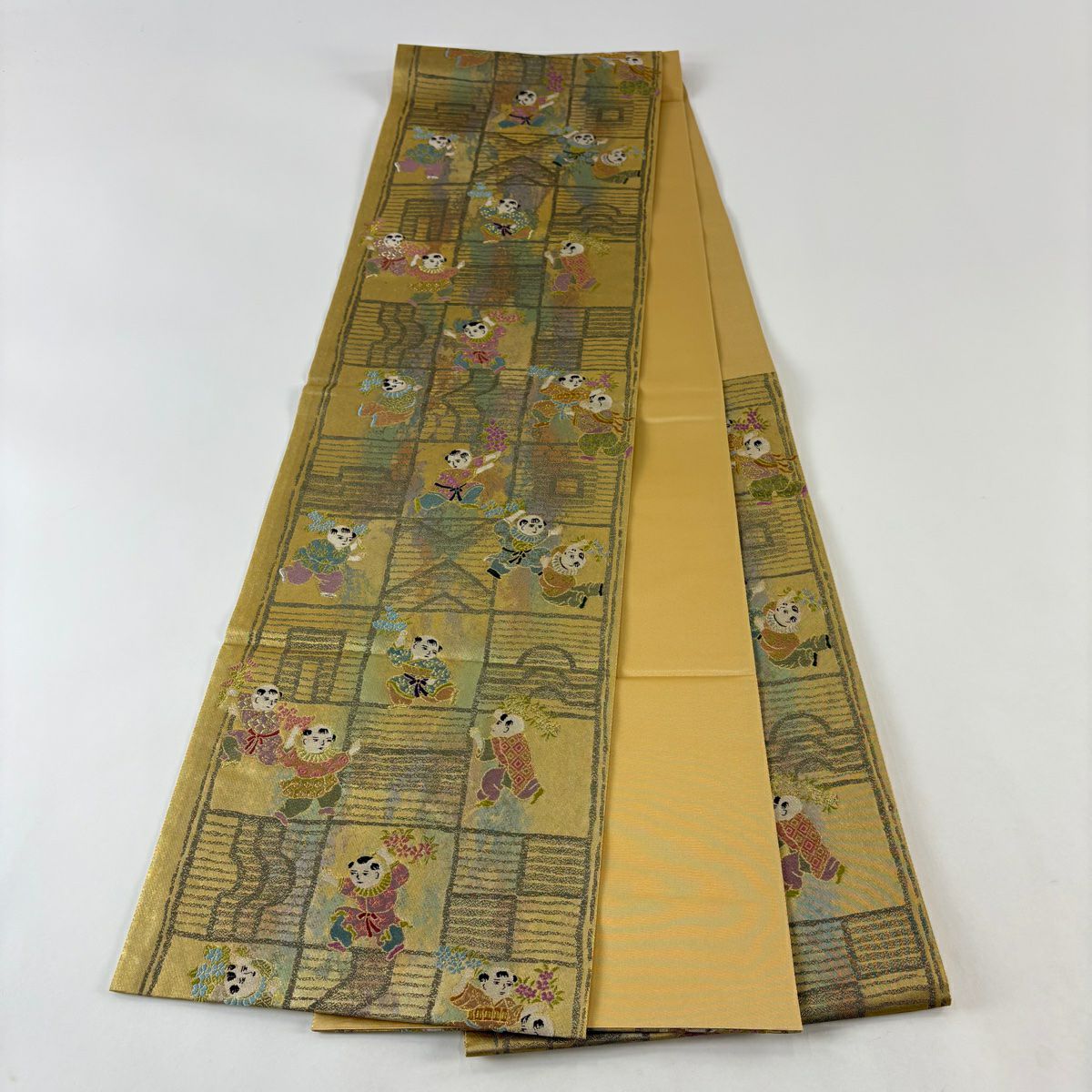 【美品】 袋帶 秀品級 證書齊全 人物 草花紋刺繡 金銀彩 金色 六通 純蠶絲