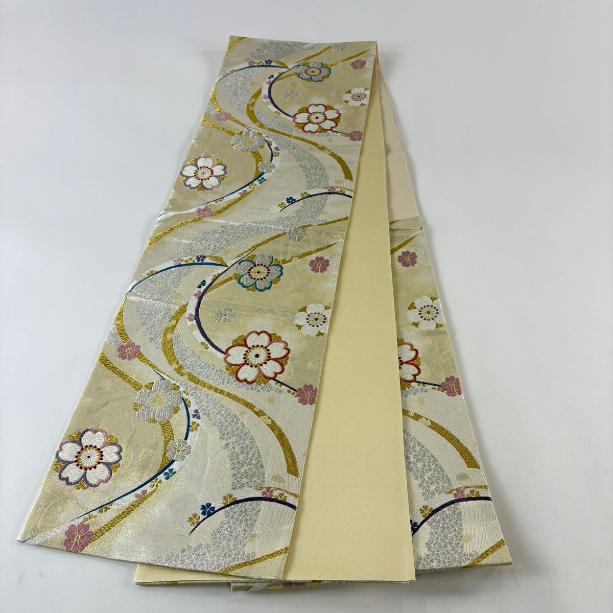 袋帶 秀品級櫻花 蔓帶 金銀線刺繡 金色 六通 純蠶絲