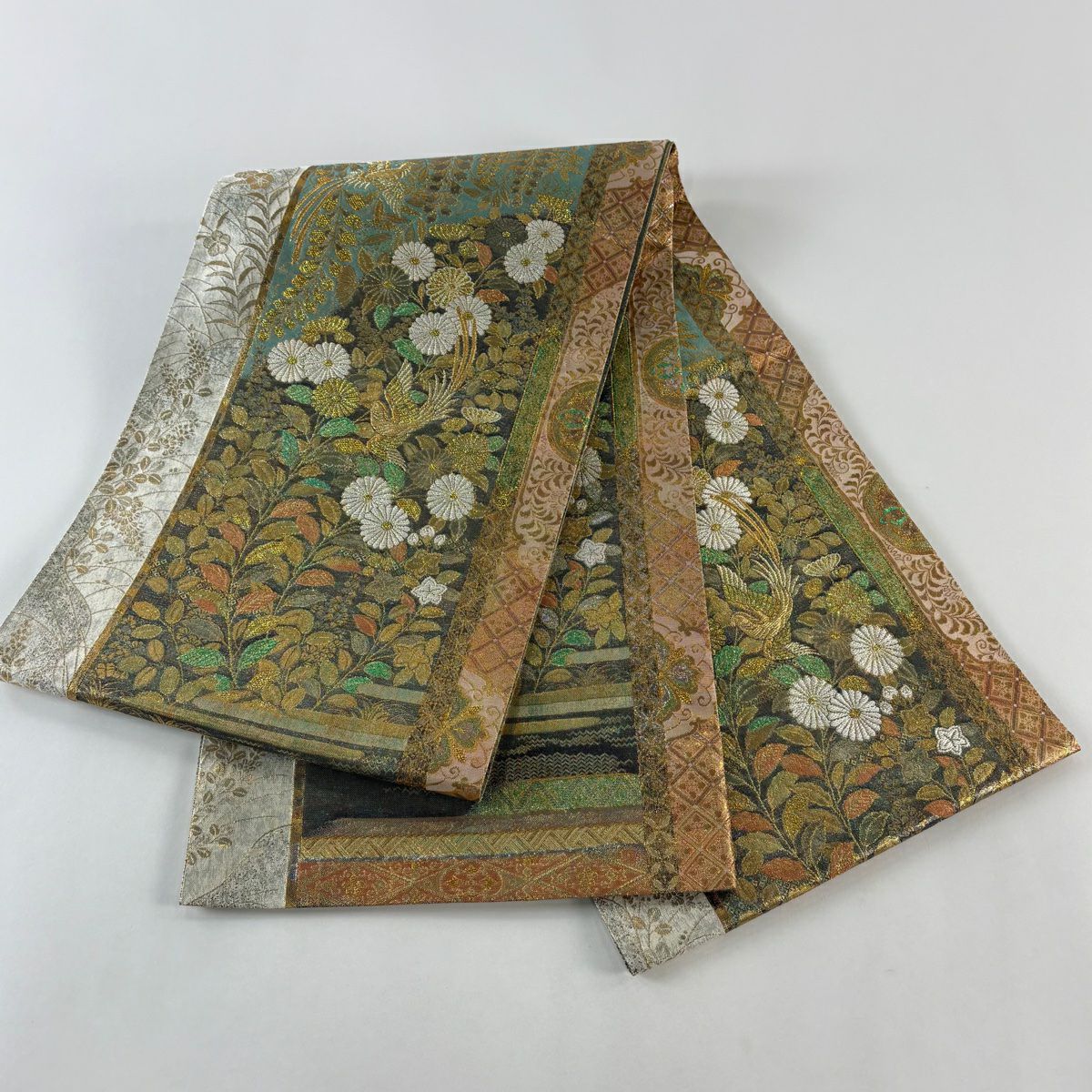 【美品】 袋帶 秀品級 鳥 草花紋 金金箔 黑灰 六通 純蠶絲