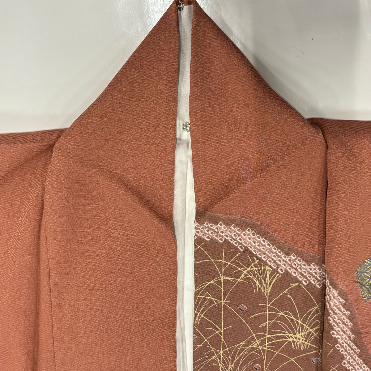 訪問服 身長159cm 袖長65cm M 雙層 扇子面 枝花 刺繡 絞染 小豆 純蠶絲 秀品級