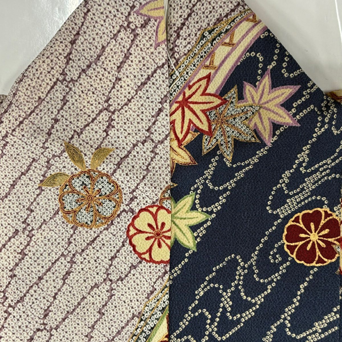 【美品】 小紋 身長158.5cm 袖長63cm S 雙層 舟 櫻花 金銀彩 絞織 深藍 純蠶絲 秀品級