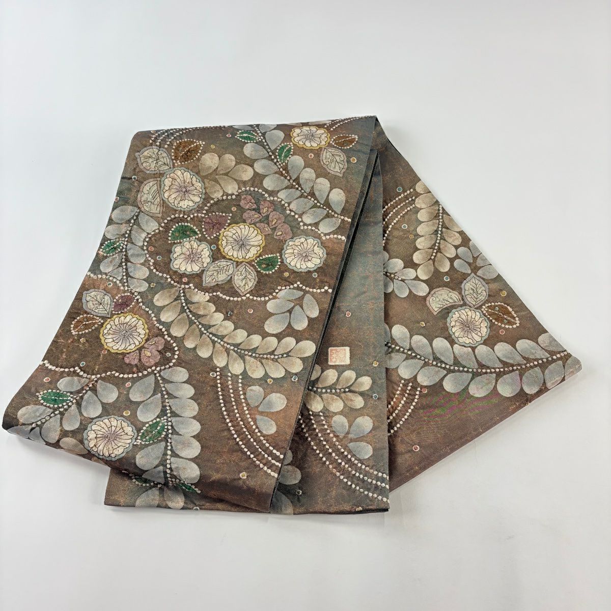 【美品】 袋帶 名品級 附落款 辻花染 金金箔 漸變 深綠 大鼓圖案 純蠶絲