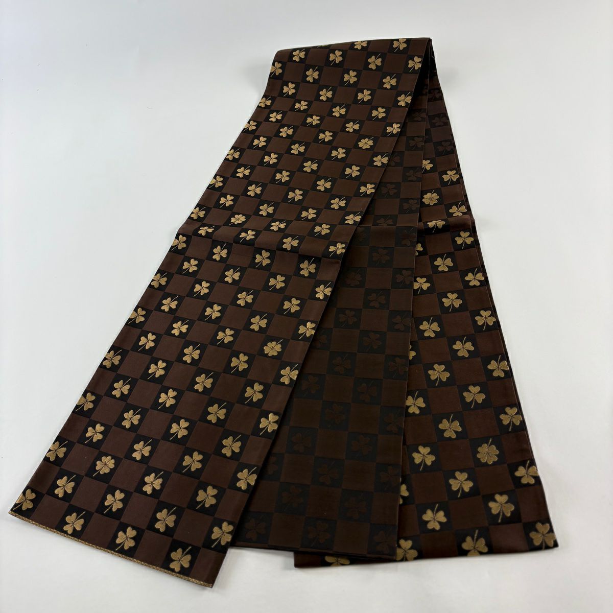【美品】 袋帶 名品級 市松樹 四葉 金絲 焦茶 六通 純蠶絲