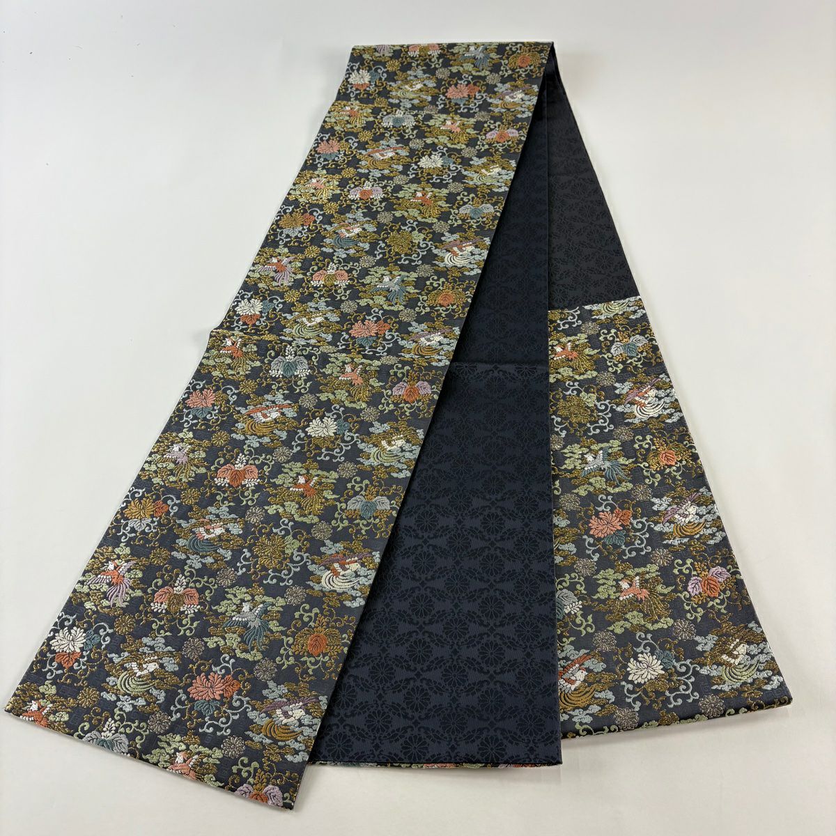 【美品】 袋帶 名品級 花鳥 桐 金銀彩 唐織 青灰 六通 純蠶絲
