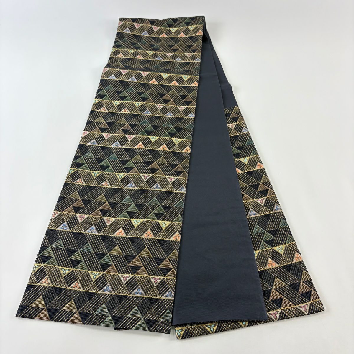 【美品】 袋帶 名品級 斜條 花 金金箔 金絲 黑 六通 純蠶絲