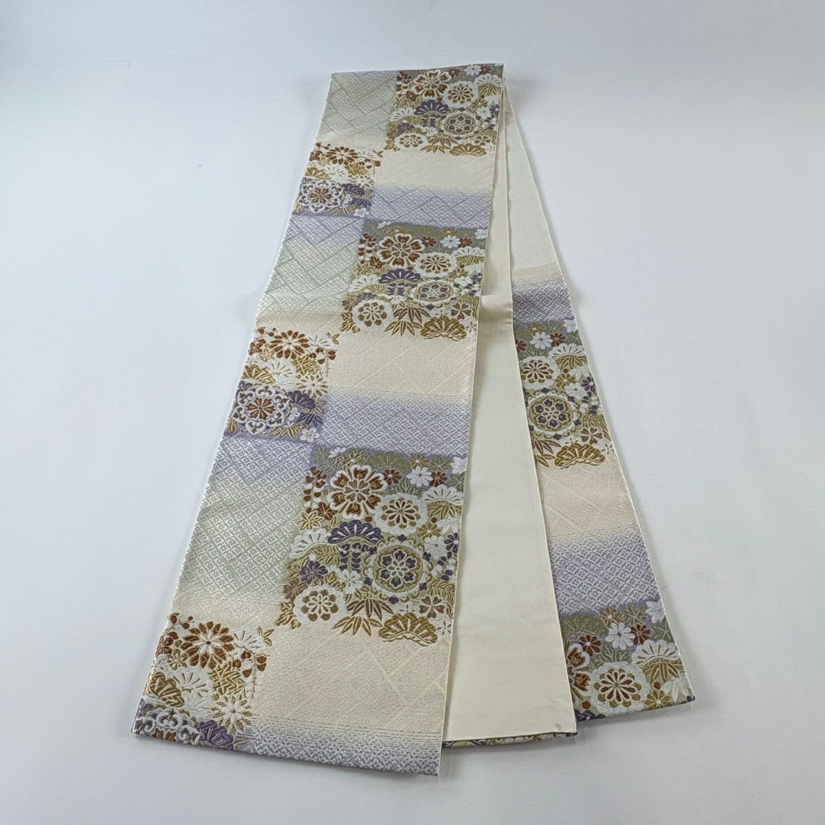 【美品】 袋帶 名品級 華紋 松樹 金絲 淺紫 六通 純蠶絲