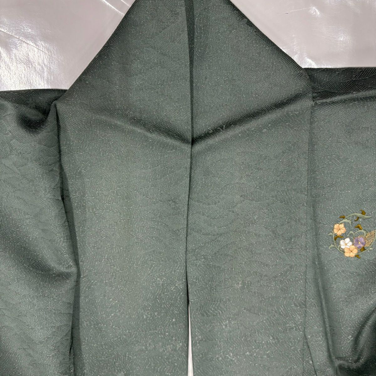 付下 身長152.5cm 袖長64.5cm M 雙層 花丸紋 地紋 刺繡 銀通 灰綠 純蠶絲 名品級