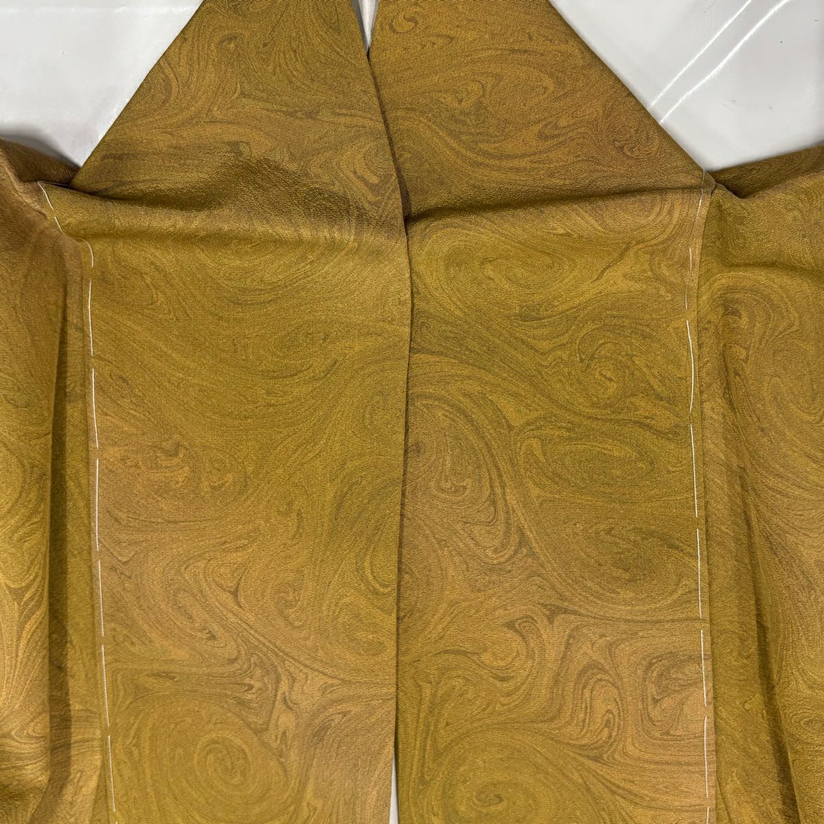 【美品】 小紋 身長160cm 袖長64cm M 雙層 墨流し 斜紋 漸層 黃土色 純蠶絲 名品級