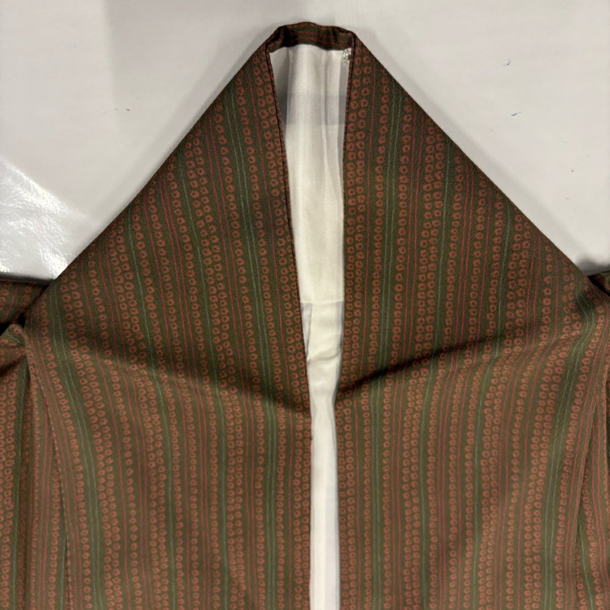 【美品】 小紋 身長158.5cm 袖長66.5cm M 雙層 縱條 疋田紋 茶 純蠶絲 優品級