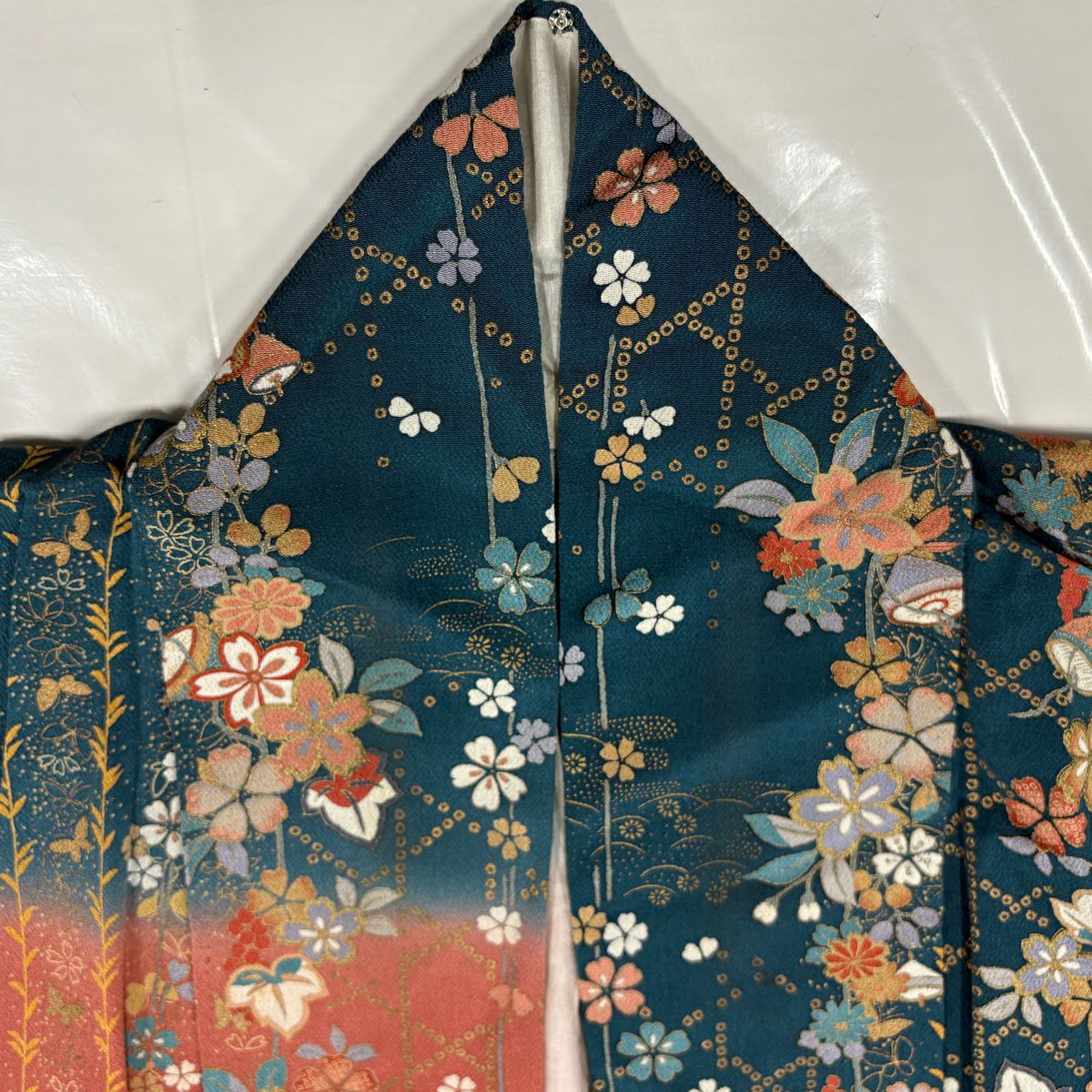 訪問服 身長151.5cm 袖長62cm S 雙層 櫻花 籠目 金銀彩 漸層 青綠 純蠶絲 優品級