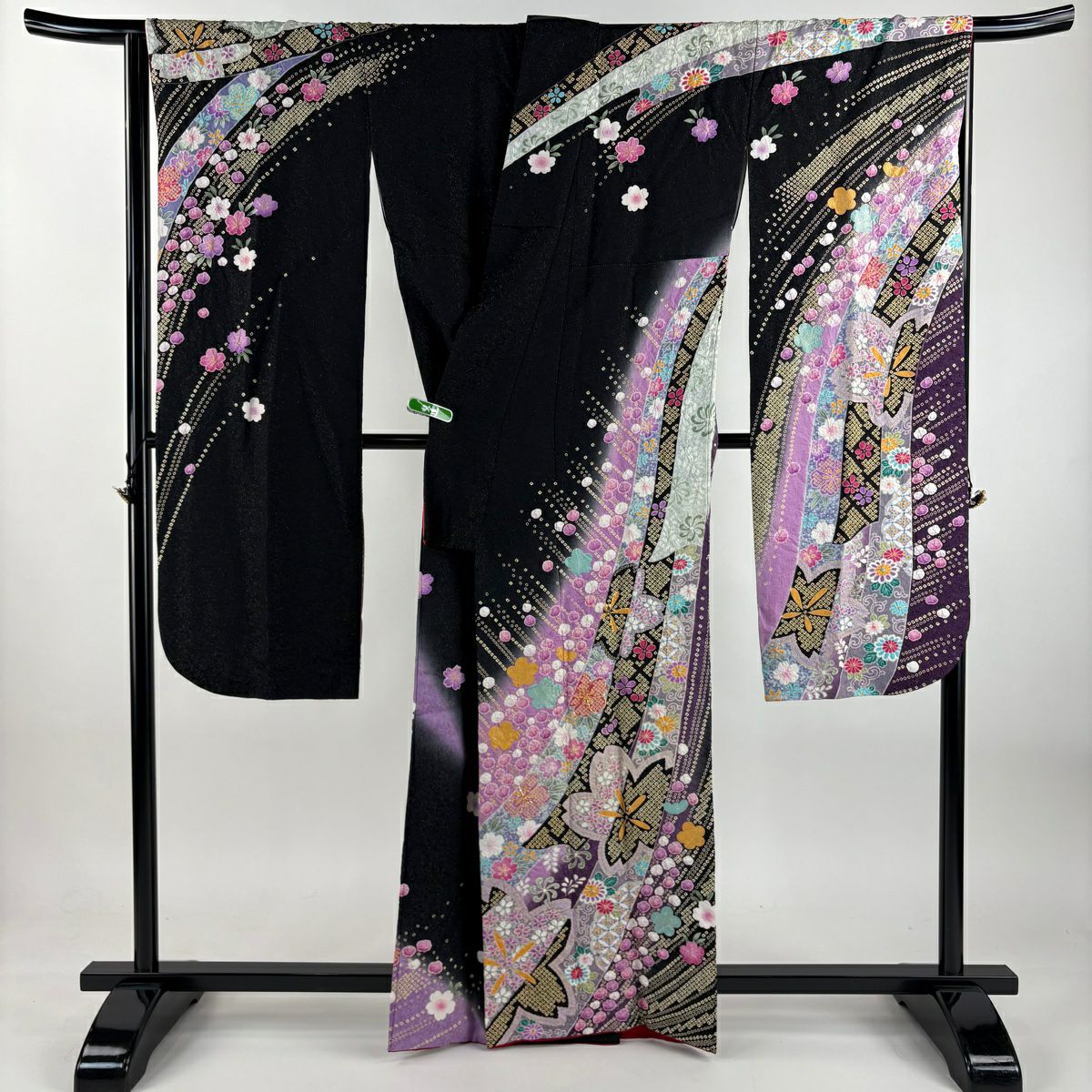 振袖禮服 身長161.5cm 袖長67.5cm L 雙層 梅花 櫻花 金銀彩 絞染 黑 純蠶絲 逸品級