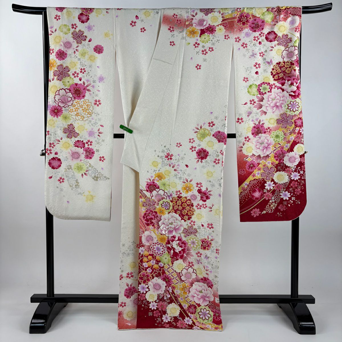 振袖禮服 身長169.5cm 袖長67.5cm L 雙層 牡丹 菊花 金銀彩 刺繡 奶油色 純蠶絲 逸品級