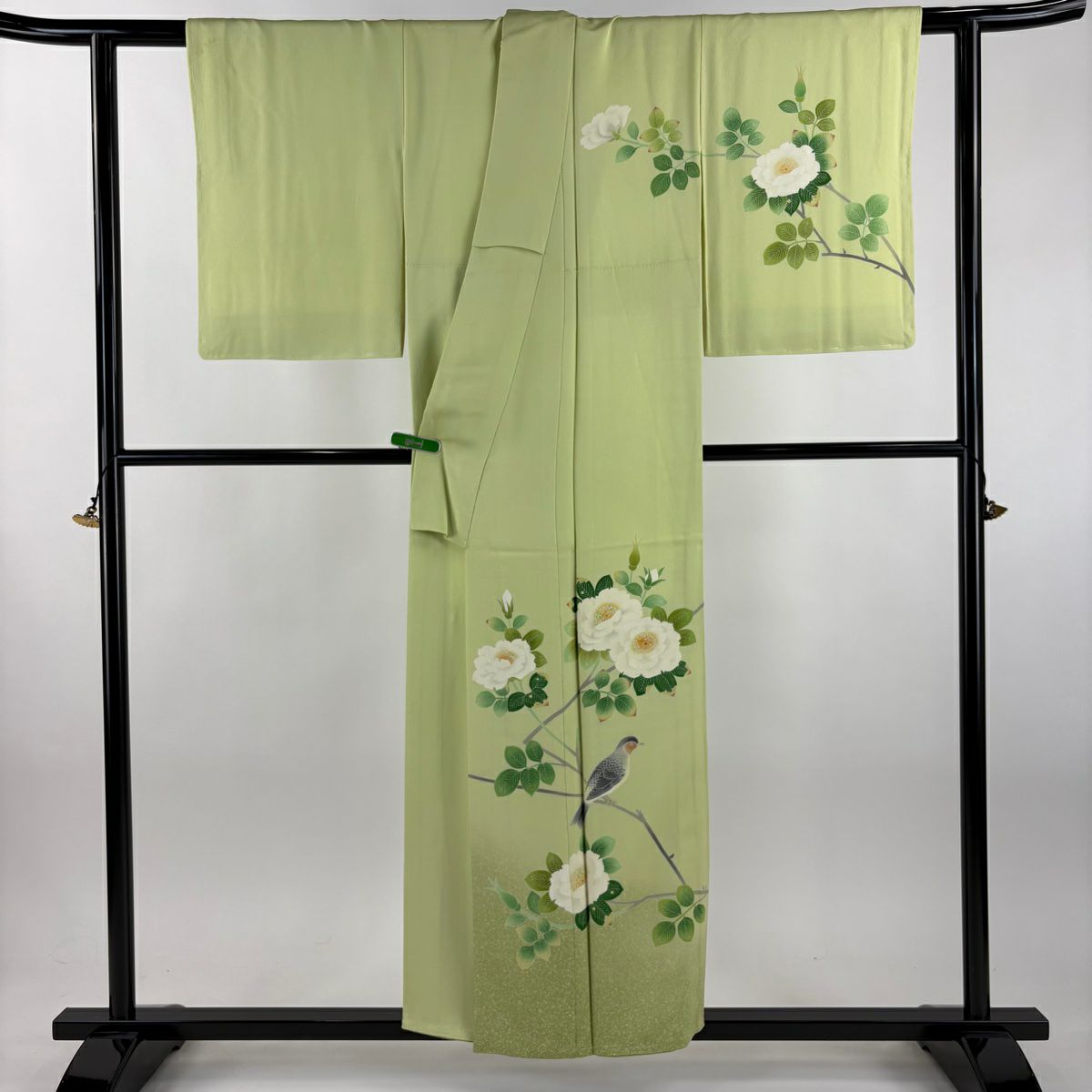 訪問服 身長152.5cm 袖長63cm S 雙層 人間國寶 羽田登喜男 落款あり 枝花 鳥 裾暈染 抹茶 純蠶絲 逸品級