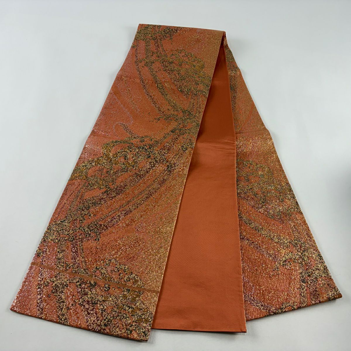 【美品】 袋帶 秀品級 波頭 金金箔 橙色 全通 純蠶絲