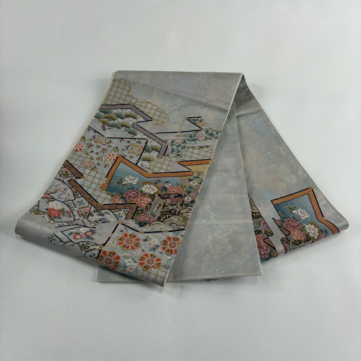 袋帶 名品級 關西仕立 御所車 屏風 刺繡 金金箔 灰 深藍柄 純蠶絲