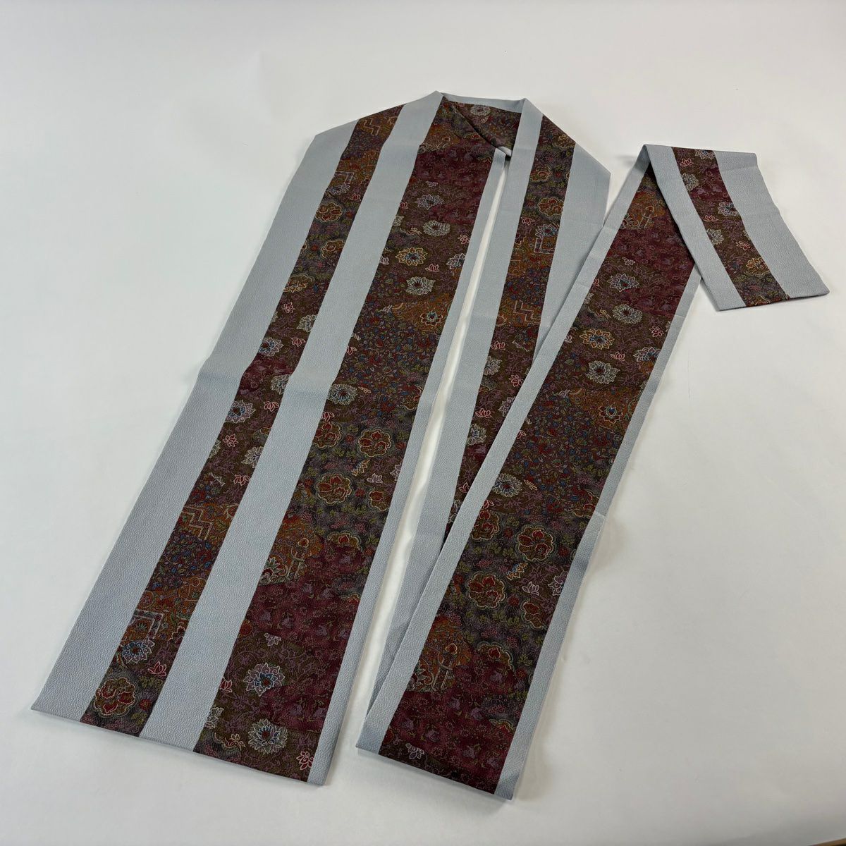 【美品】名古屋帶 秀品級 草花紋紋 鳥 縮緬 灰色 純蠶絲