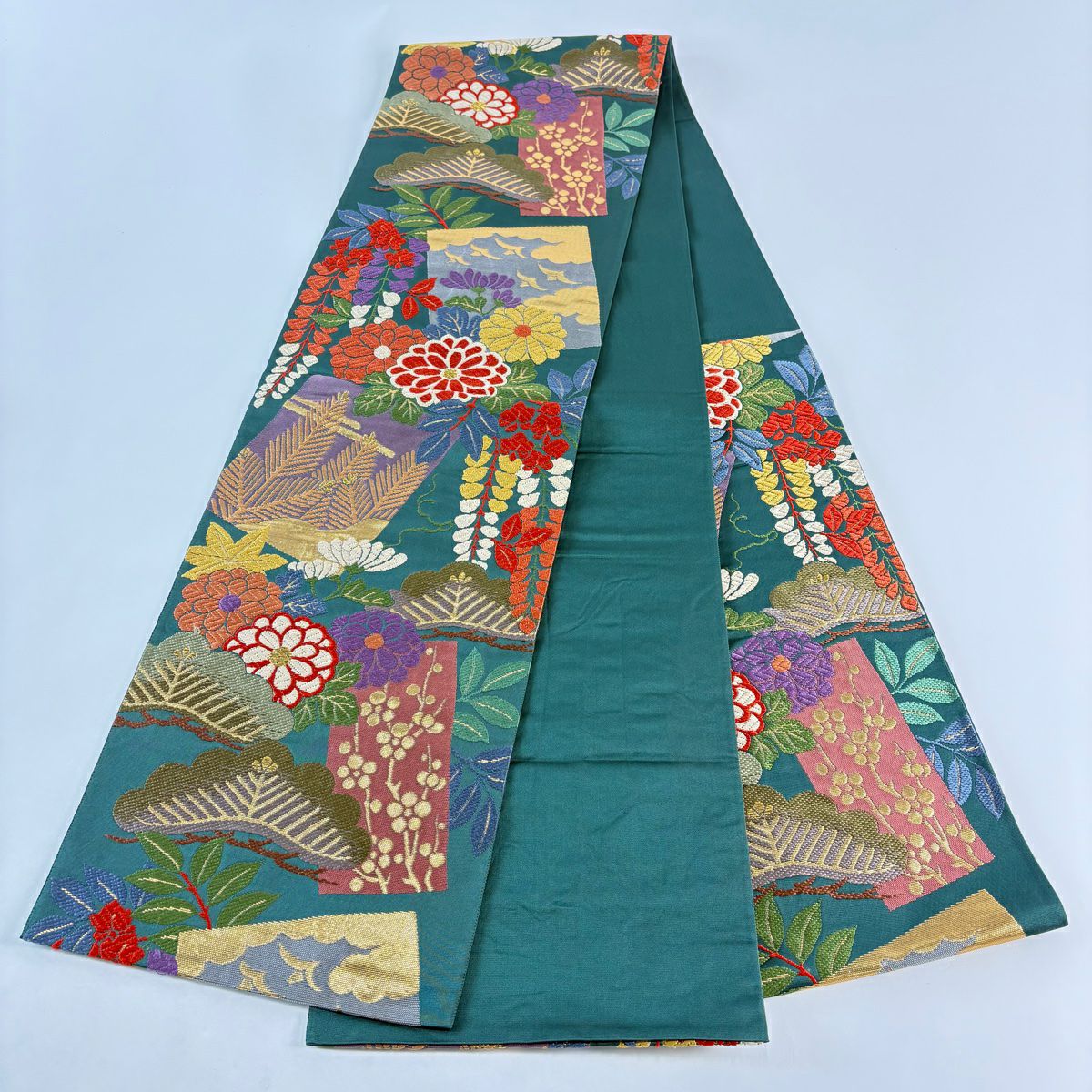袋帶 名品級 花井幸子 落款 菊花 色紙 金金箔 刺繡 綠 六通 純蠶絲