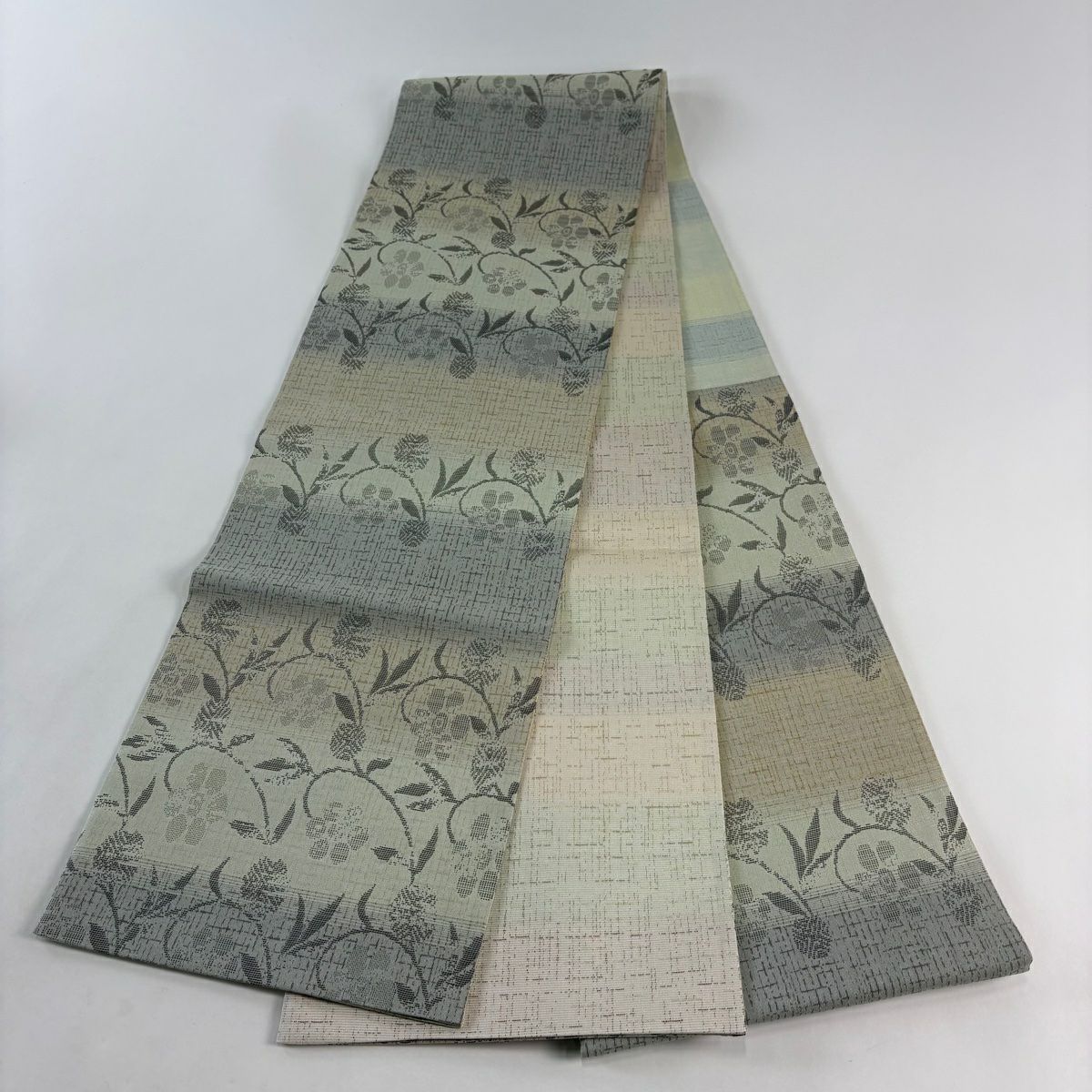 【美品】 袋帶 名品級 笹蔓 灰綠 六通 純蠶絲