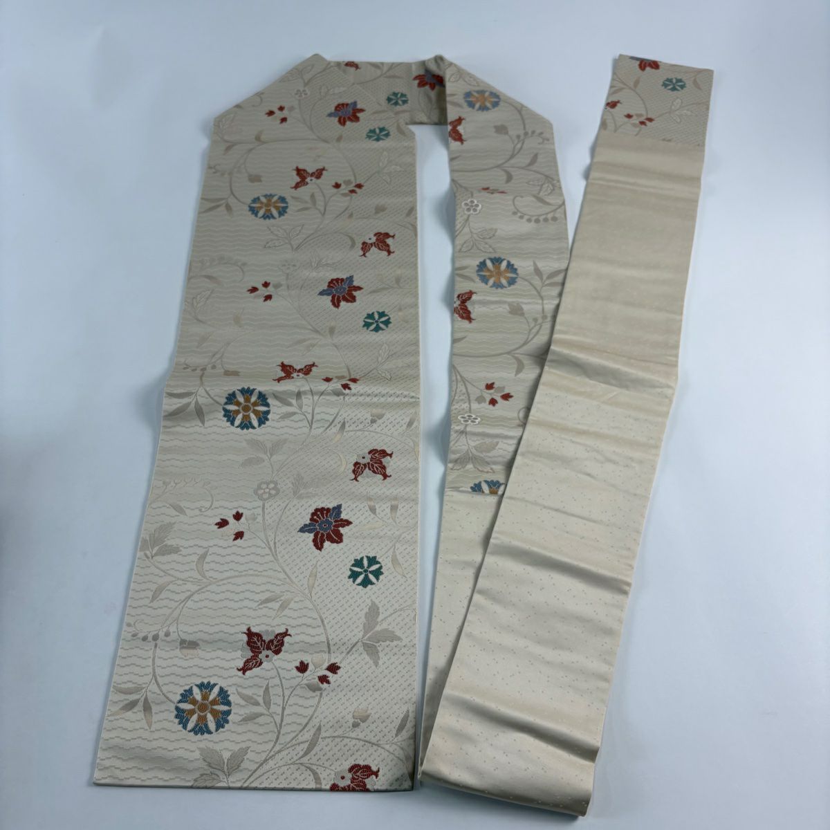 【美品】名古屋帶 秀品級 草花紋紋 金金箔 奶油色 純蠶絲