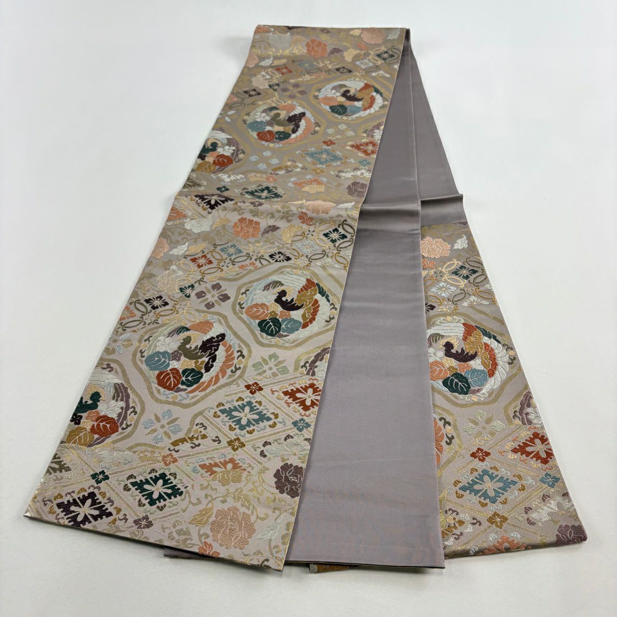 【美品】 袋帶 名品級 鳳凰 花菱 唐織 本金金箔 灰紫 六通 純蠶絲