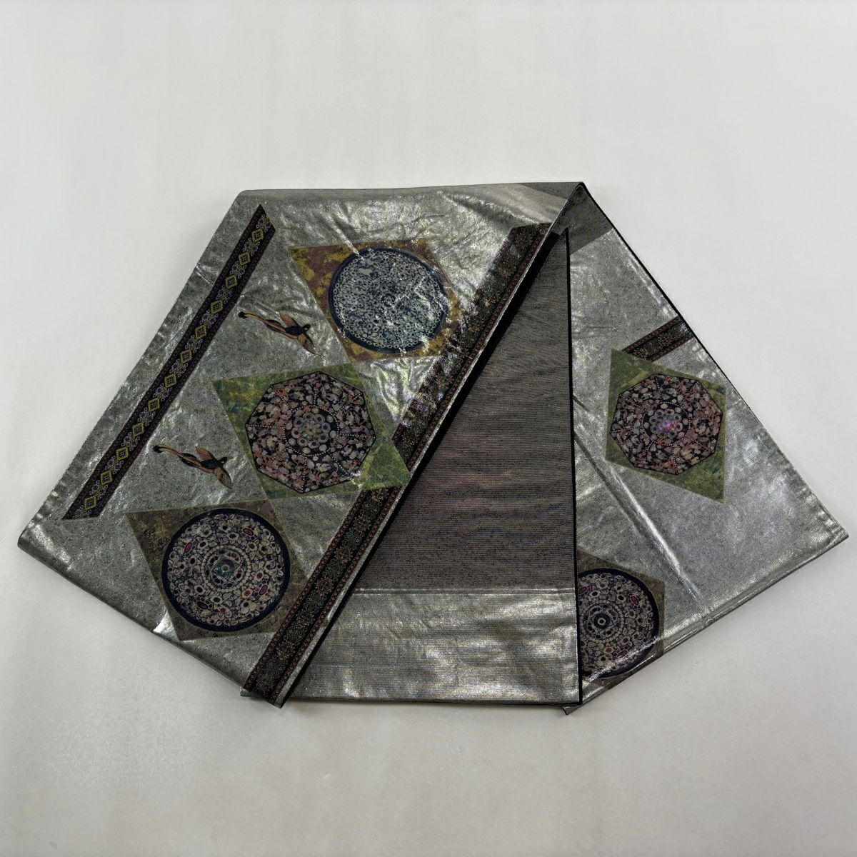 袋帶 秀品級 鏡裏文 鳥 螺鈿金金箔 金銀彩 銀 純蠶絲