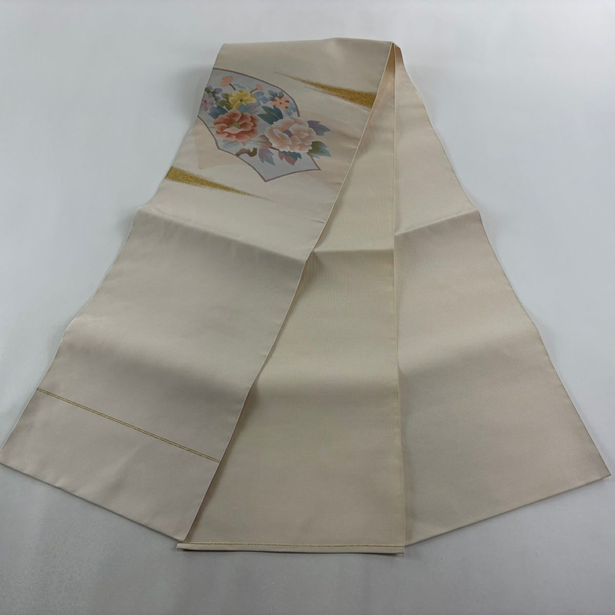 【美品】名古屋帶 秀品級 八寸名古屋帶 牡丹 霞 金絲 奶油色 純蠶絲