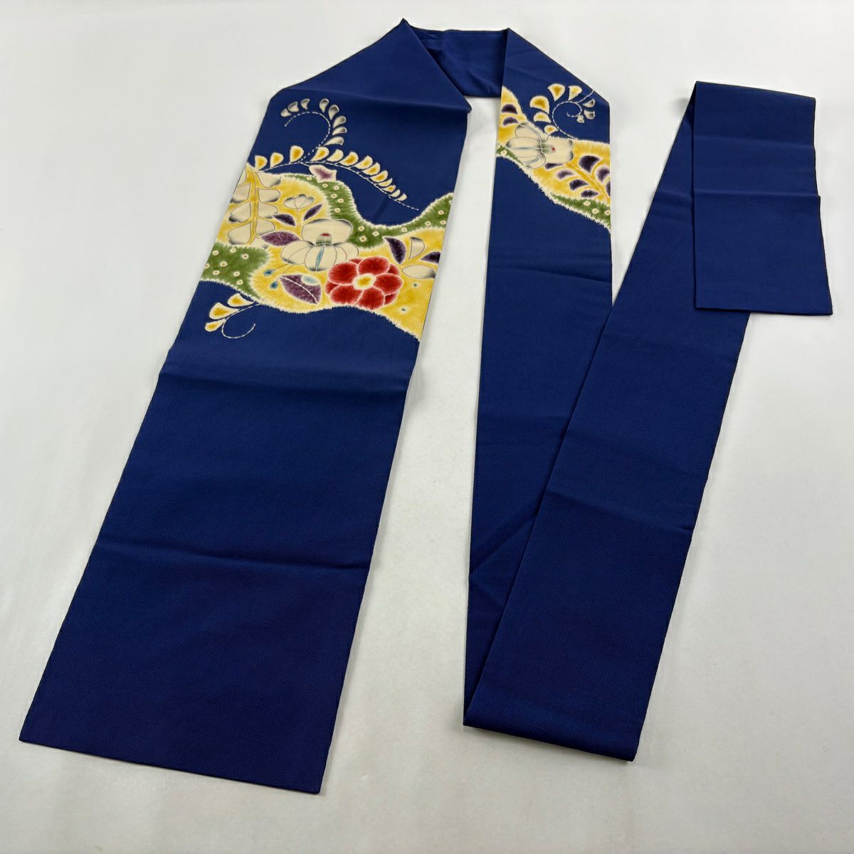 名古屋帶 秀品級 附有落款 草花紋紋 縮緬 漸層 深藍 純蠶絲